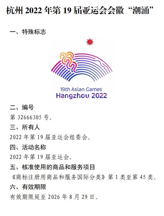 杭州2022年第19届亚运会会徽“潮涌”特殊标志有效期延至2026年8月29日